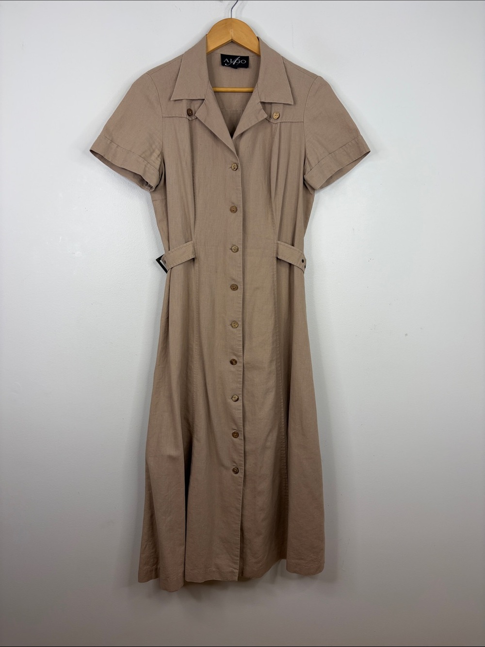 Vintage Shirt Dress Womens 8 Beige Tan Linen Cotton Short Sleeve Modest Midi